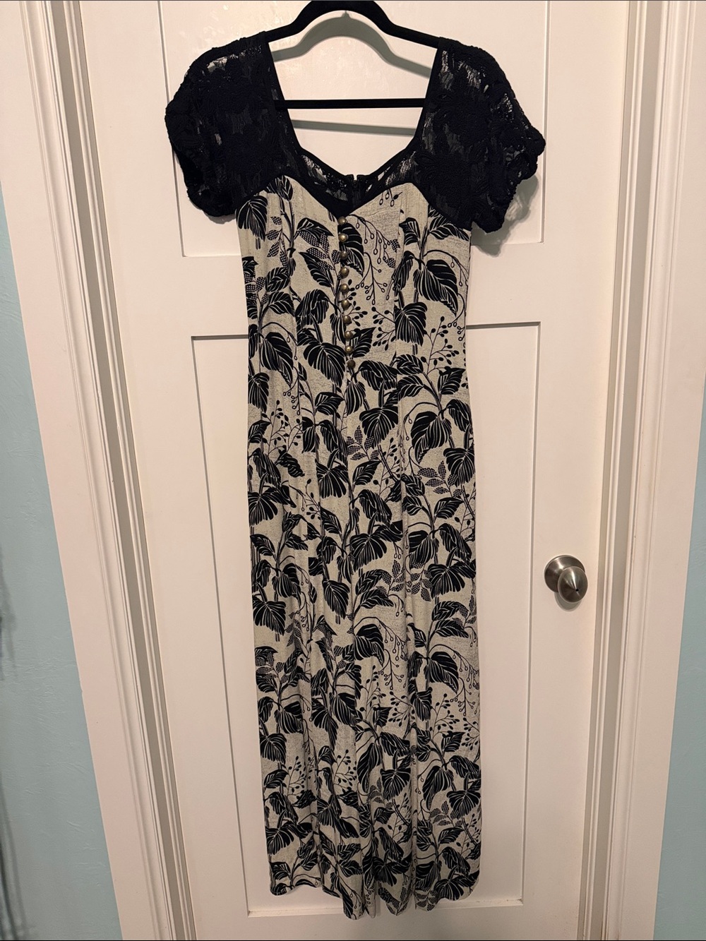 Maeve Windsor Lace Anthropologie Black and Cream Floral Jumpsuit with Lace Yoke